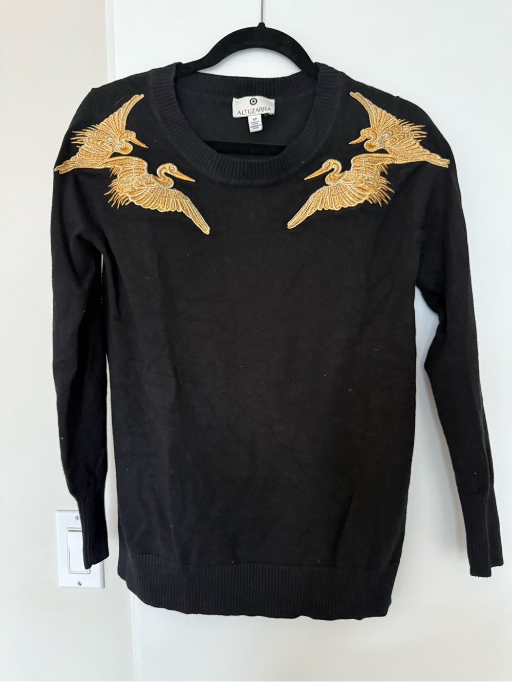 Altuzarra For Target Black Crewneck Sweater with Gold Crane Appliqués